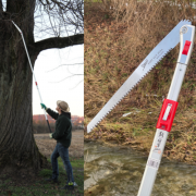 Mann mit Hut und Handschuhen mit Teleskop Astsäge vor Lindenbaum in Bassersdorf